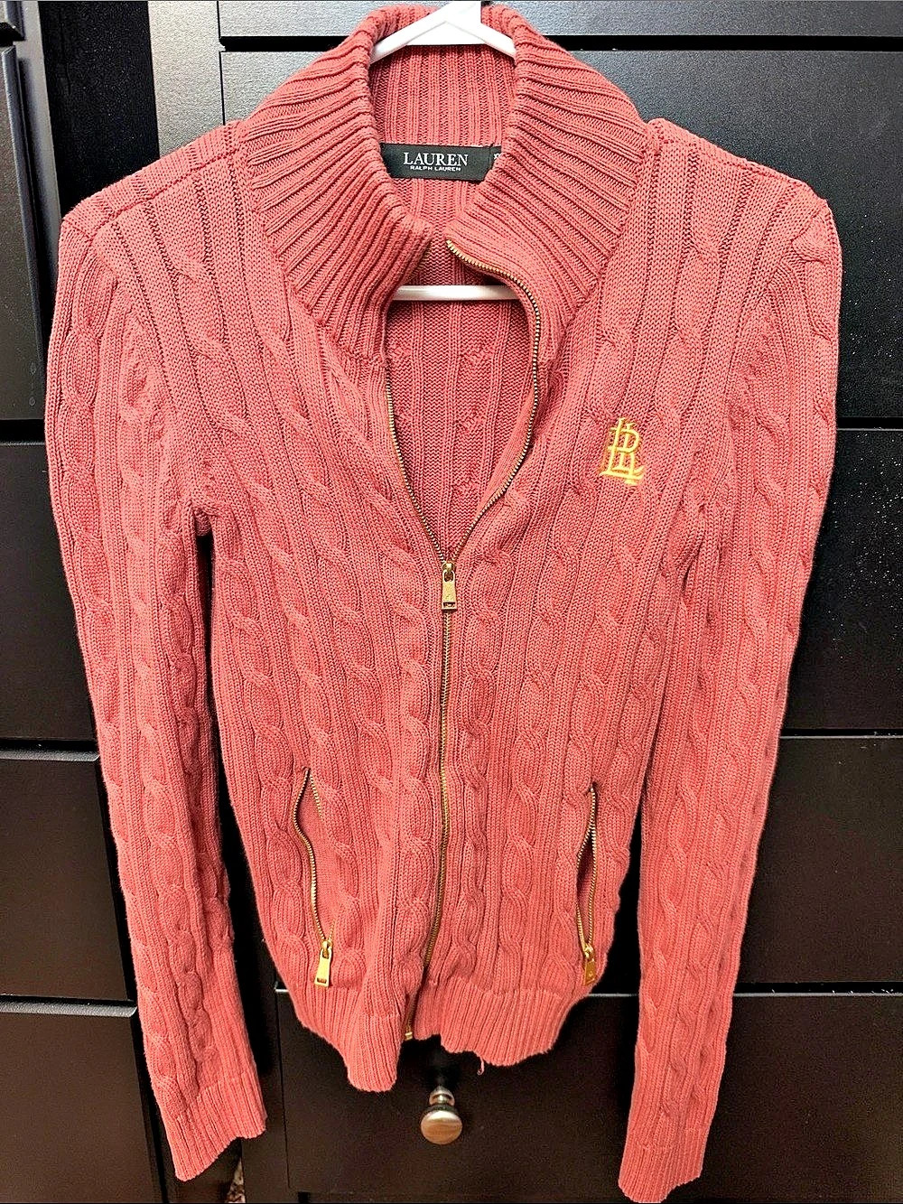 Lauren Ralph Lauren Full-Zip Cable-Knit Cardigan Pink-Orange XXS